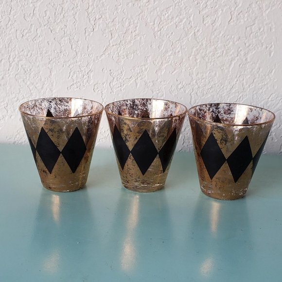 Vintage Gold/Black MCM 50s 60s Diamond Harlequin Set 3 Glass Shot Glasses